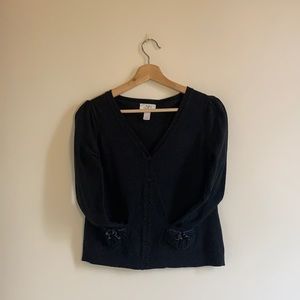 Ann Taylor Loft Black Button Down Cardigan Sweater With Velvet Bow Pocket Detail